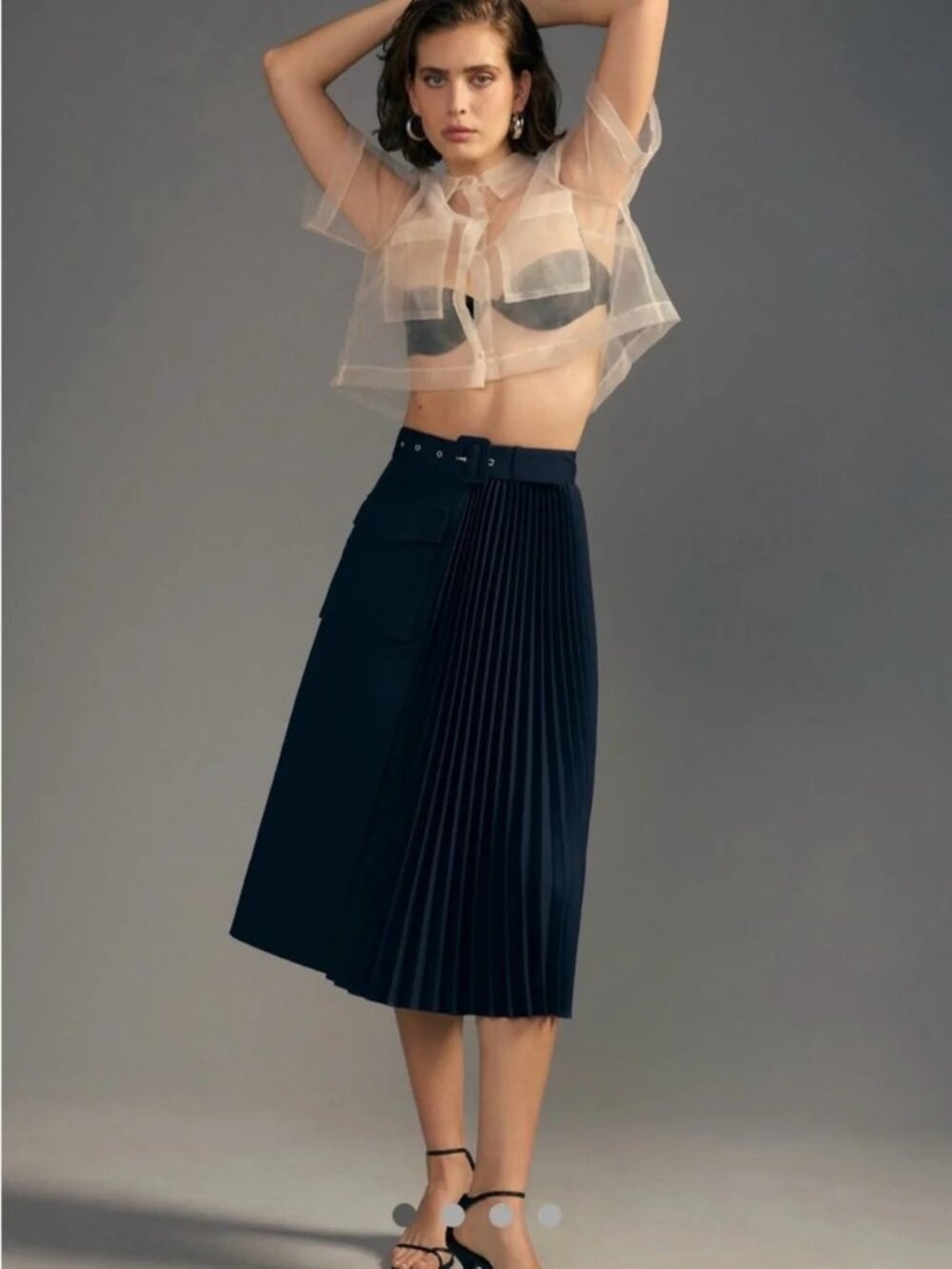 Mare Mare X Anthropologie Navy Belted Pleated Midi Skirt XS Cotton Viscose (880)